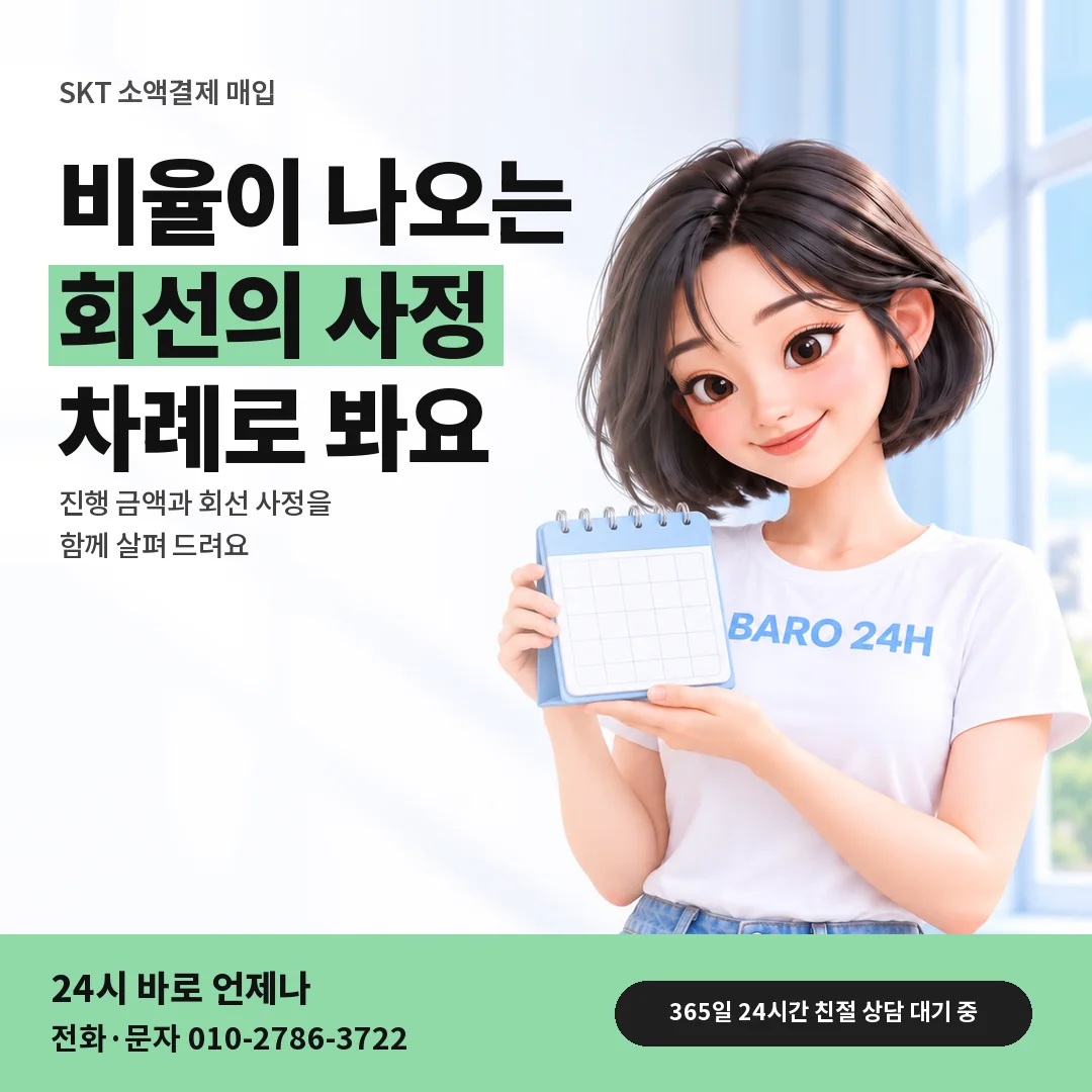 달력을 든 BARO 24H 티셔츠를 입은 3D 인물 옆에 「SKT 정산 비율이 정해지는 바탕」 제목을 얹은 안내 카드