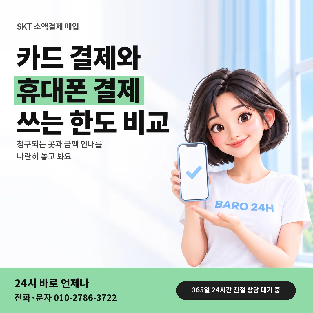 휴대폰을 든 BARO 24H 티셔츠를 입은 3D 인물 옆에 「SKT 카드깡과 매입 차이」 제목을 얹은 안내 카드
