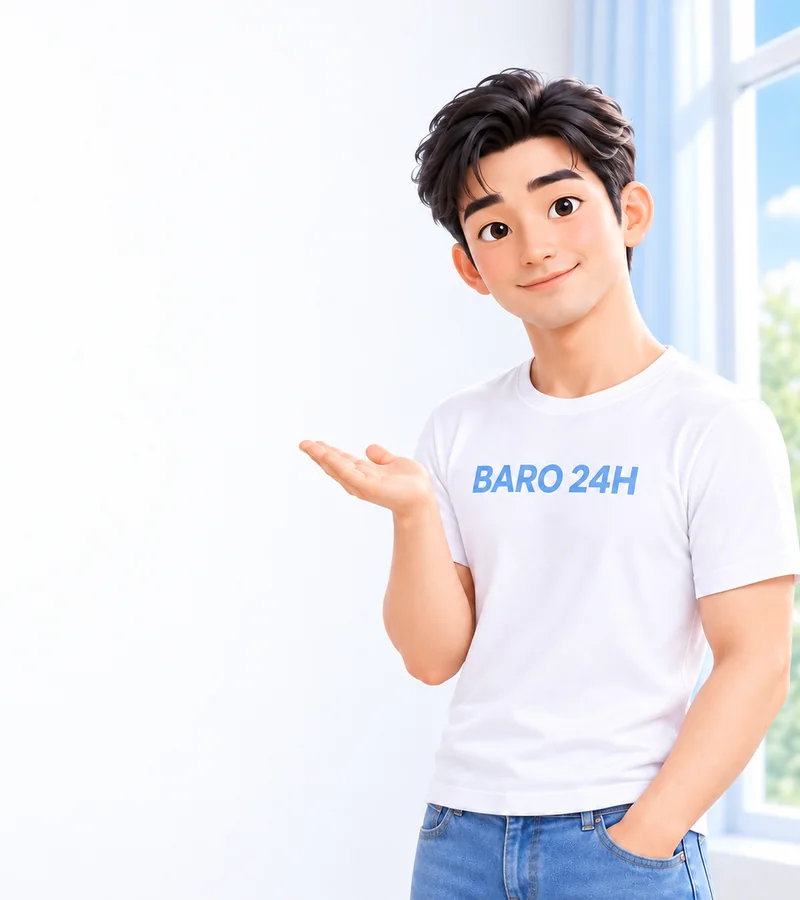 휴대폰을 들고 상담을 안내하는 BARO 24H 티셔츠 차림의 20대 3D 인물